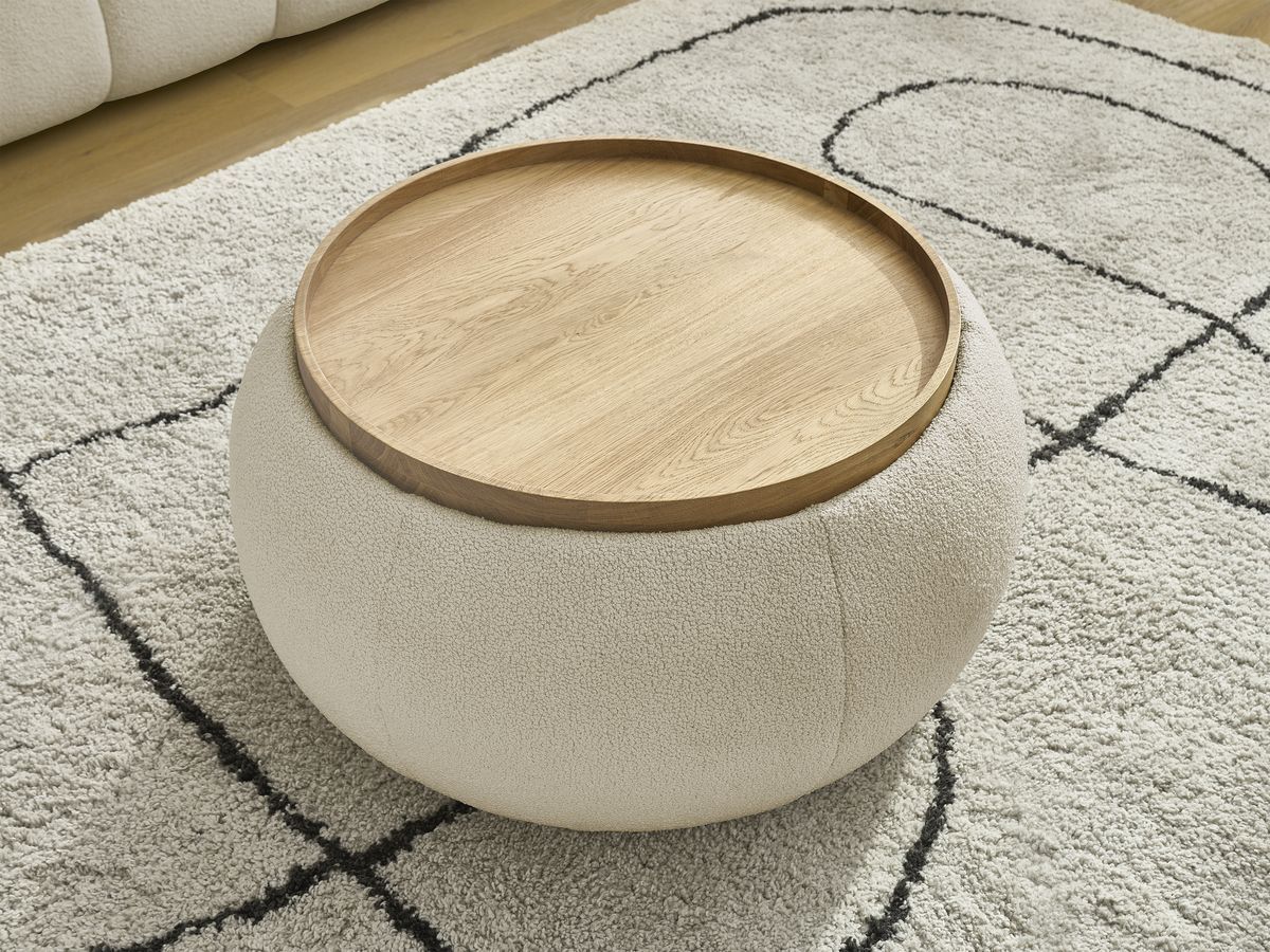 Canapé droit fixe 2 places HAYDEN tissu bouclette avec pouf petit avec plateau
