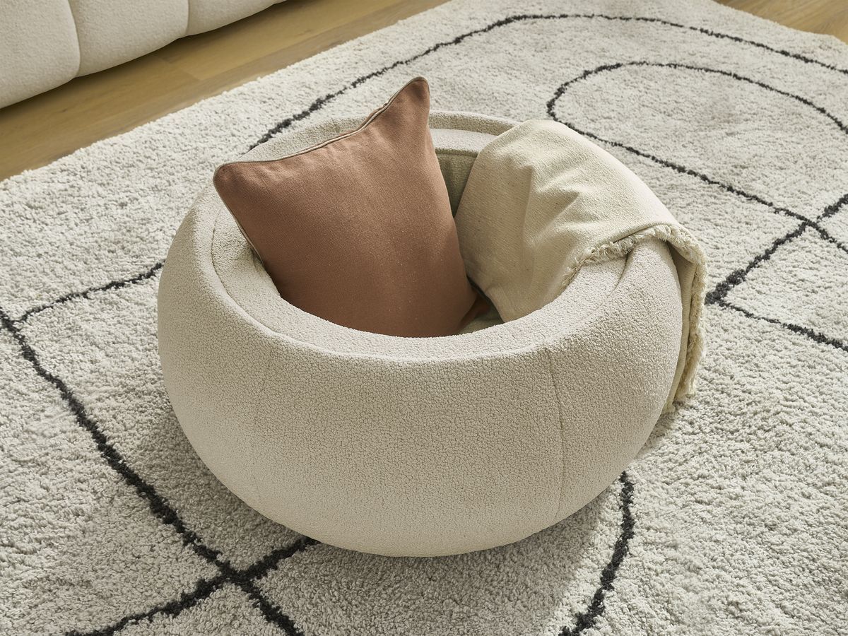 Canapé droit fixe 2 places HAYDEN tissu bouclette avec pouf petit avec plateau