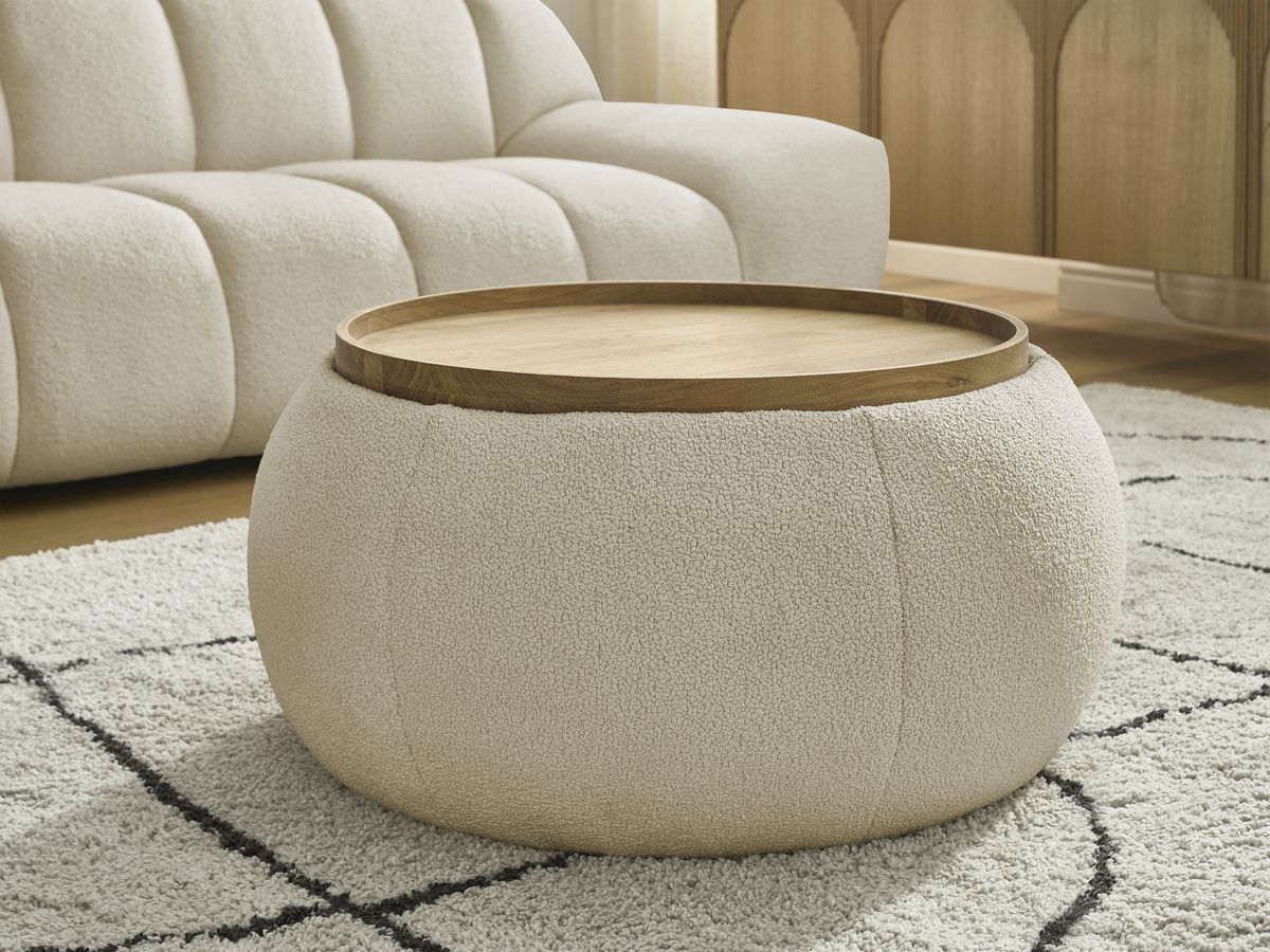 Canapé droit fixe 2 places HAYDEN tissu bouclette avec pouf petit avec plateau