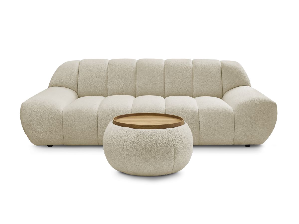 Canapé droit fixe 2 places HAYDEN tissu bouclette avec pouf petit avec plateau