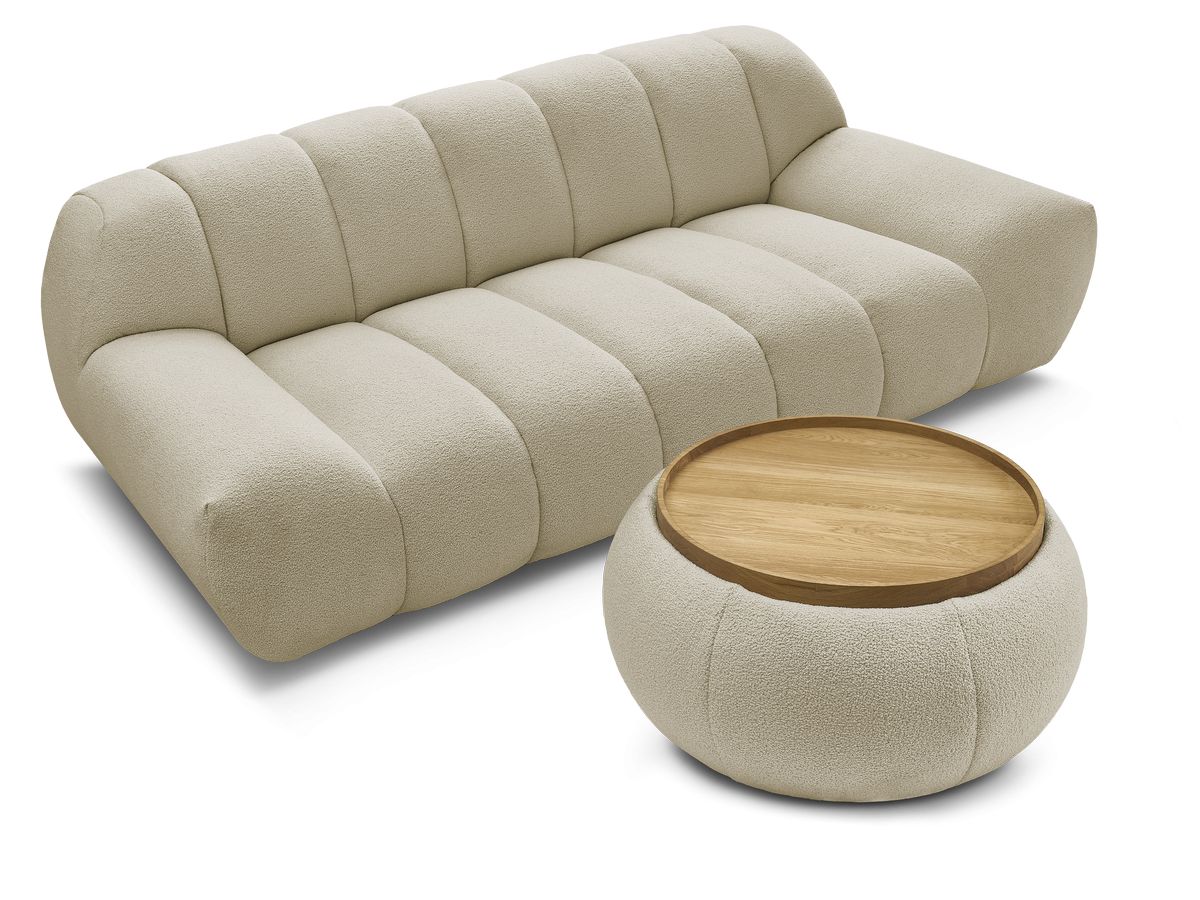 Canapé droit fixe 2 places HAYDEN tissu bouclette avec pouf petit avec plateau