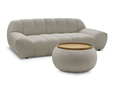 Canapé droit fixe 2 places HAYDEN tissu bouclette avec pouf petit avec plateau