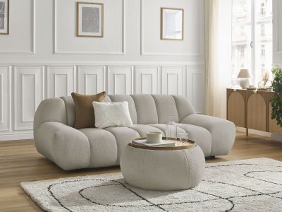 Canapé droit fixe 2 places HAYDEN tissu bouclette avec pouf petit avec plateau
