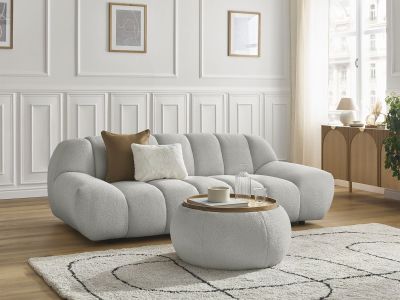 Canapé droit fixe 2 places HAYDEN tissu bouclette avec pouf petit avec plateau