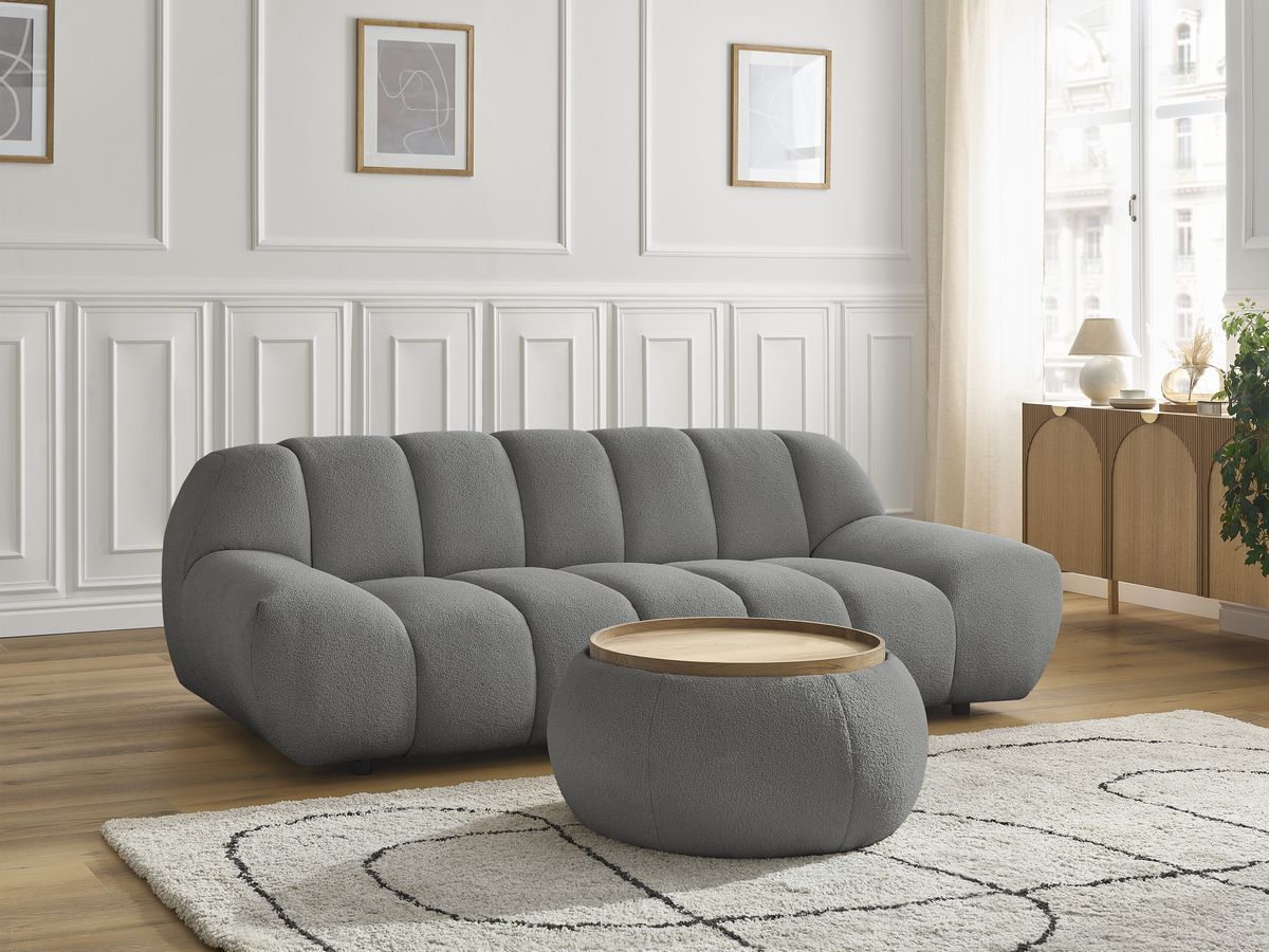 Canapé droit fixe 2 places HAYDEN tissu bouclette avec pouf petit avec plateau