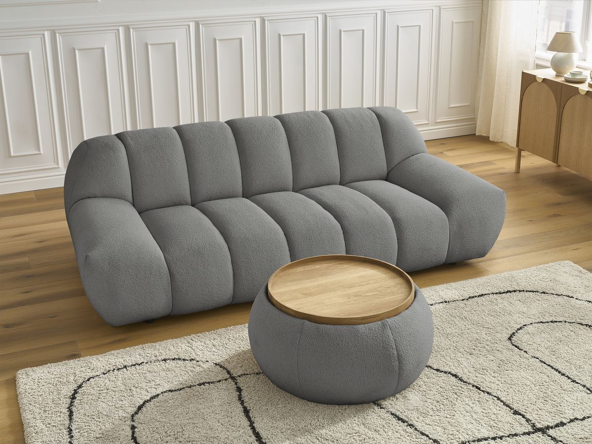 Canapé droit fixe 2 places HAYDEN tissu bouclette avec pouf petit avec plateau