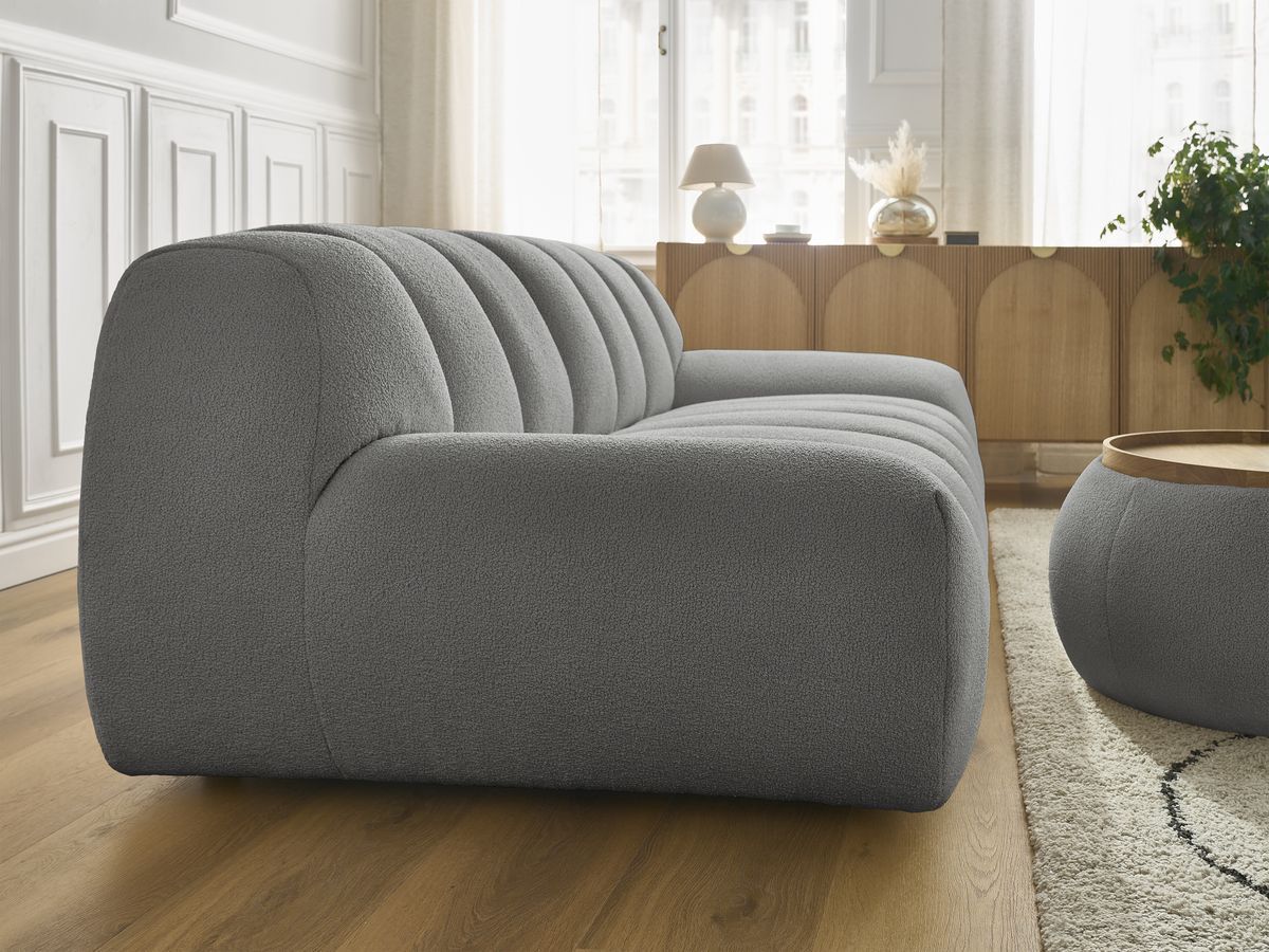 Canapé droit fixe 2 places HAYDEN tissu bouclette avec pouf petit avec plateau