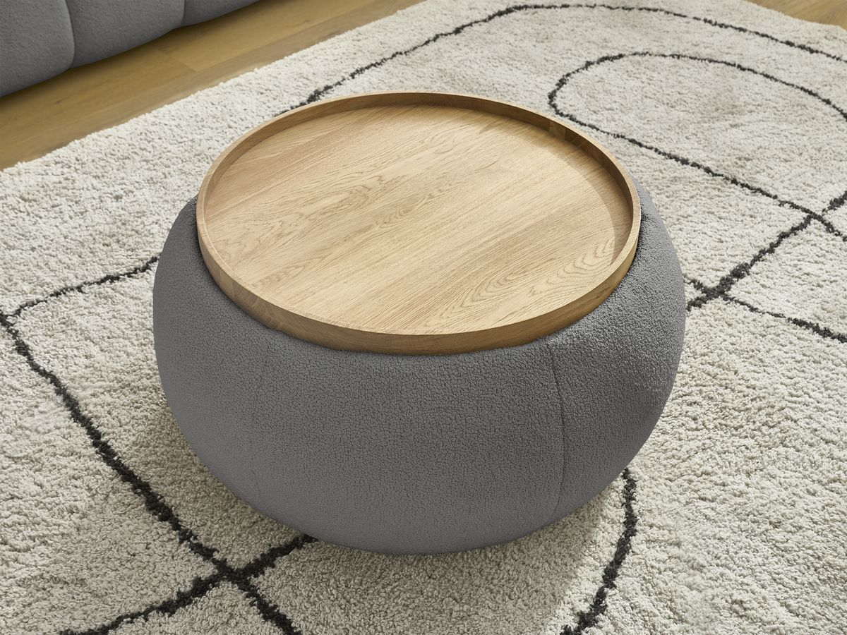 Canapé droit fixe 2 places HAYDEN tissu bouclette avec pouf petit avec plateau