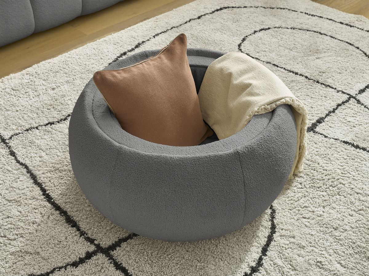 Canapé droit fixe 2 places HAYDEN tissu bouclette avec pouf petit avec plateau