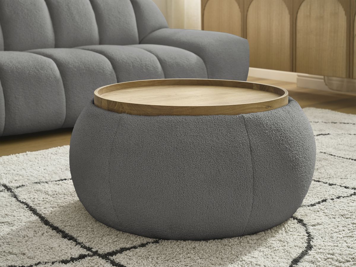 Canapé droit fixe 2 places HAYDEN tissu bouclette avec pouf petit avec plateau