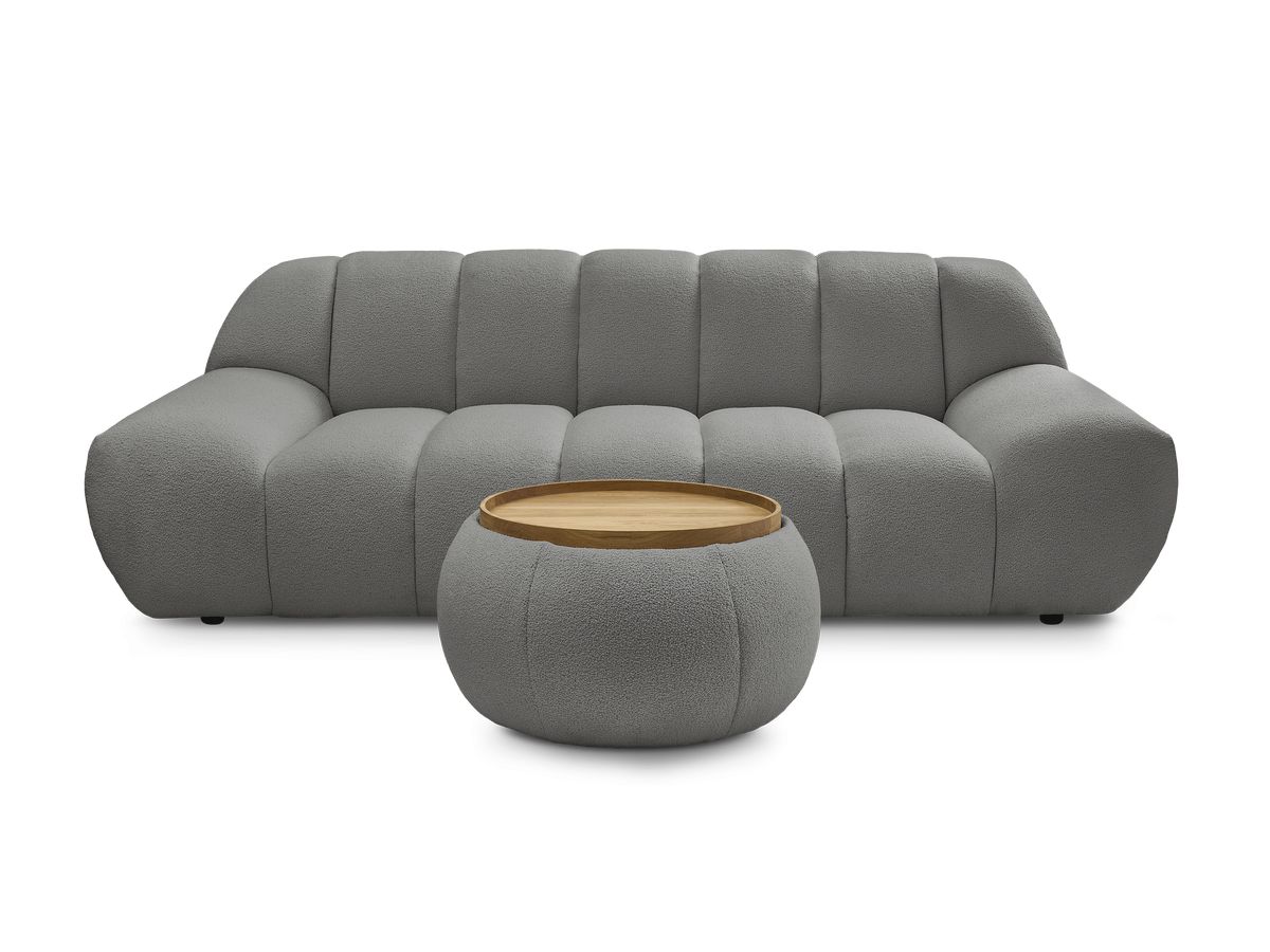 Canapé droit fixe 2 places HAYDEN tissu bouclette avec pouf petit avec plateau