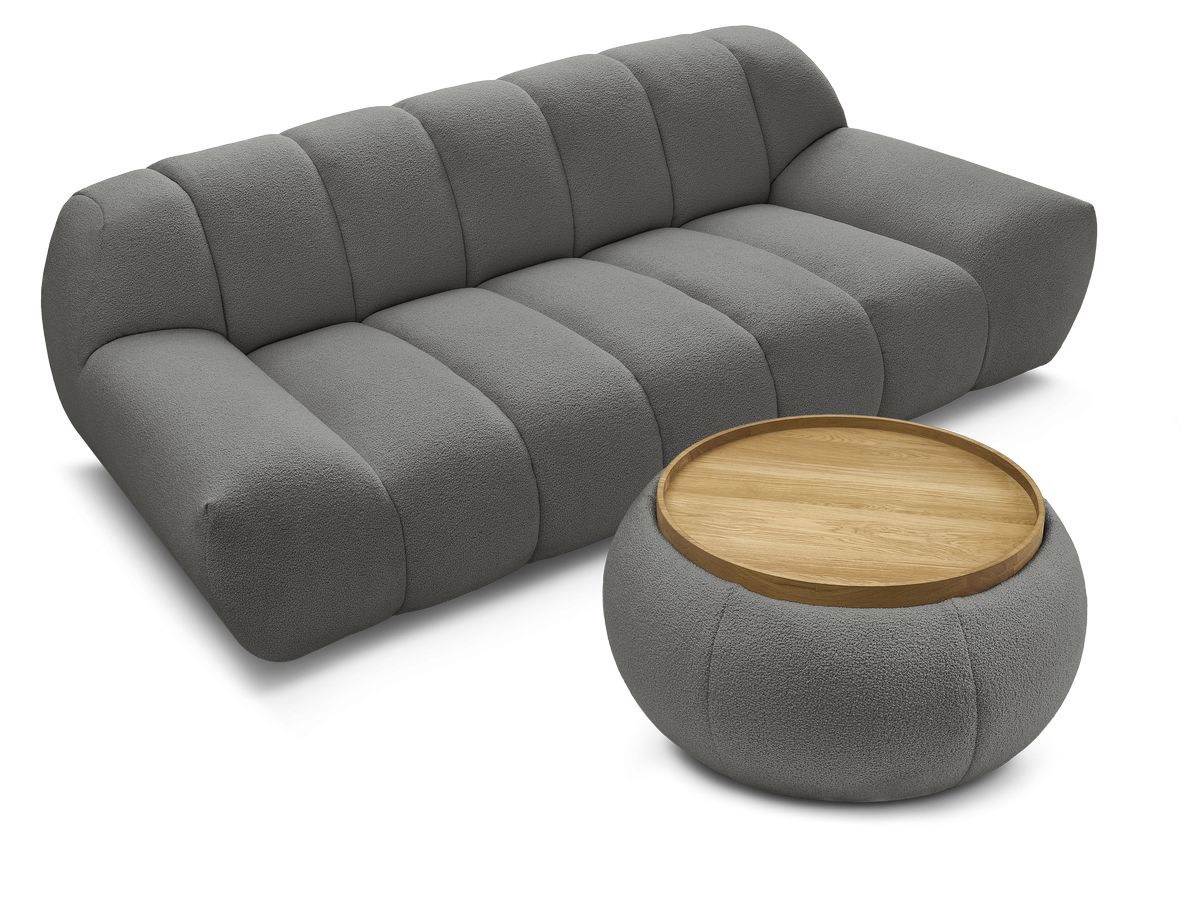 Canapé droit fixe 2 places HAYDEN tissu bouclette avec pouf petit avec plateau