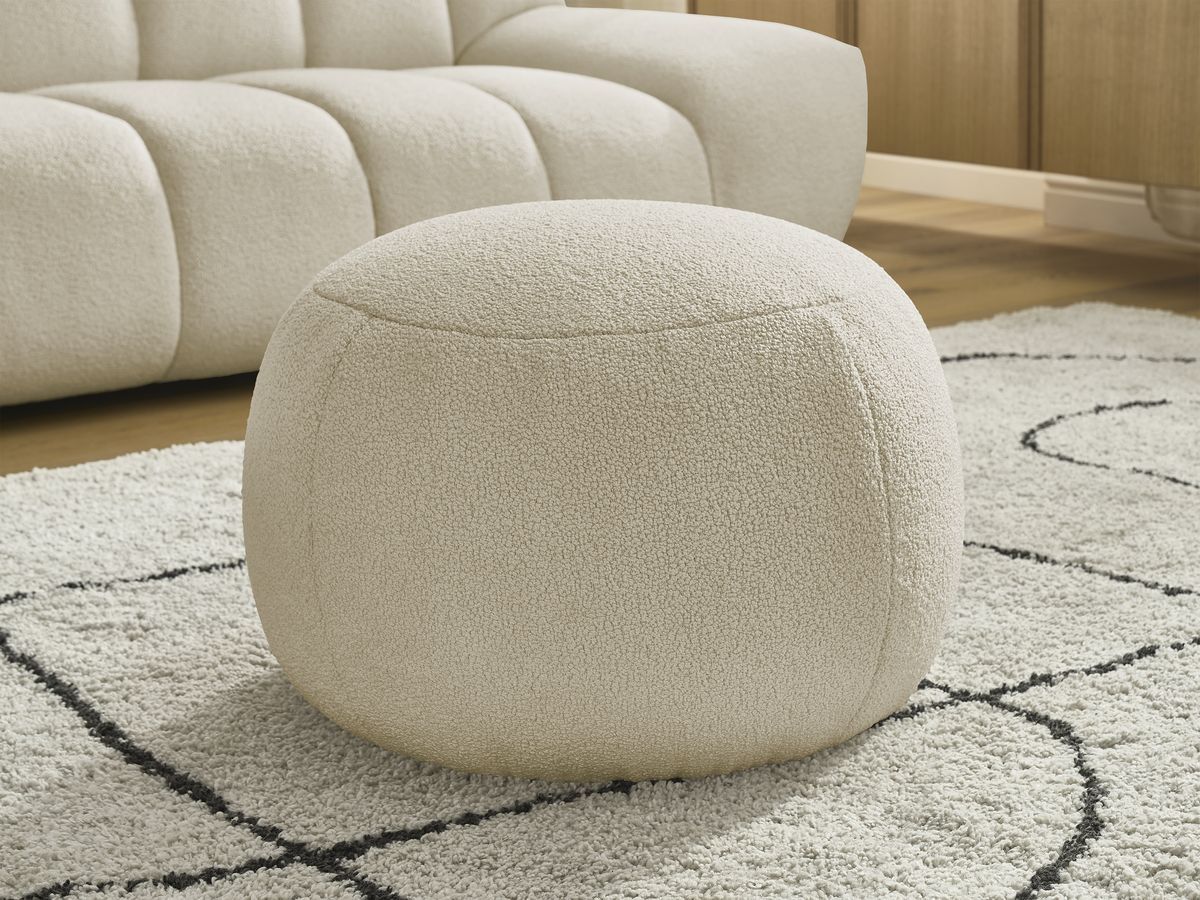 Canapé droit fixe 2 places HAYDEN tissu bouclette avec pouf petit