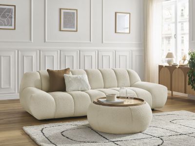 Canapé droit fixe 3 places HAYDEN tissu bouclette avec pouf grand avec plateau