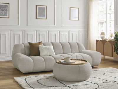 Canapé droit fixe 3 places HAYDEN tissu bouclette avec pouf grand avec plateau