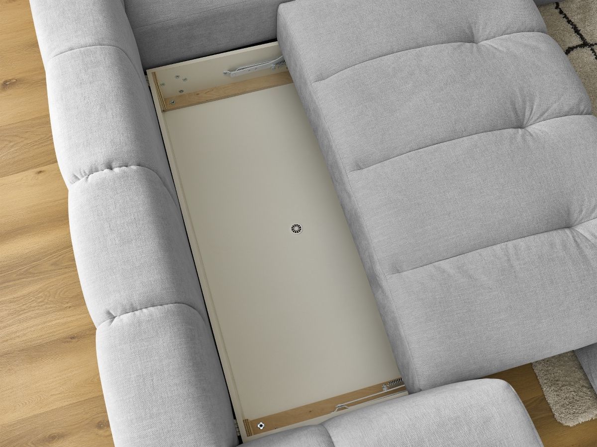 Canapé d'angle L convertible FUJI tissu lisse avec pouf