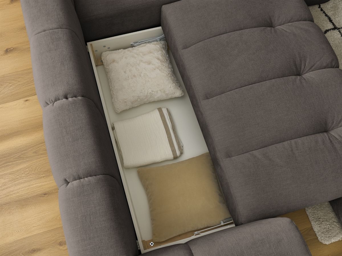 Canapé d'angle L convertible FUJI tissu lisse avec pouf