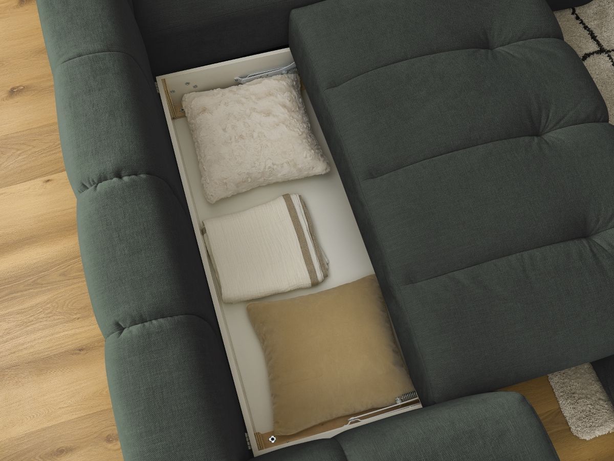Canapé d'angle L convertible FUJI tissu lisse avec pouf
