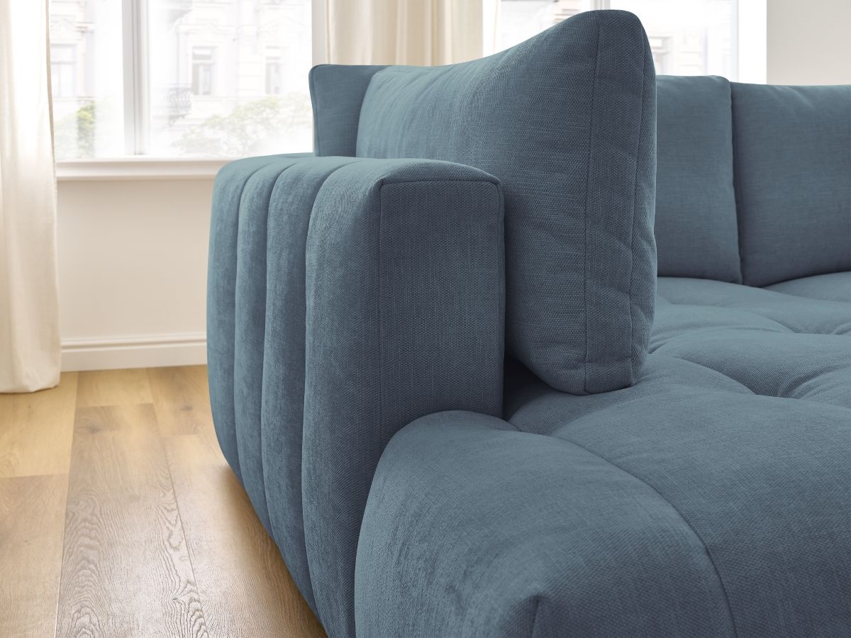Canapé d'angle L convertible FUJI tissu lisse avec pouf