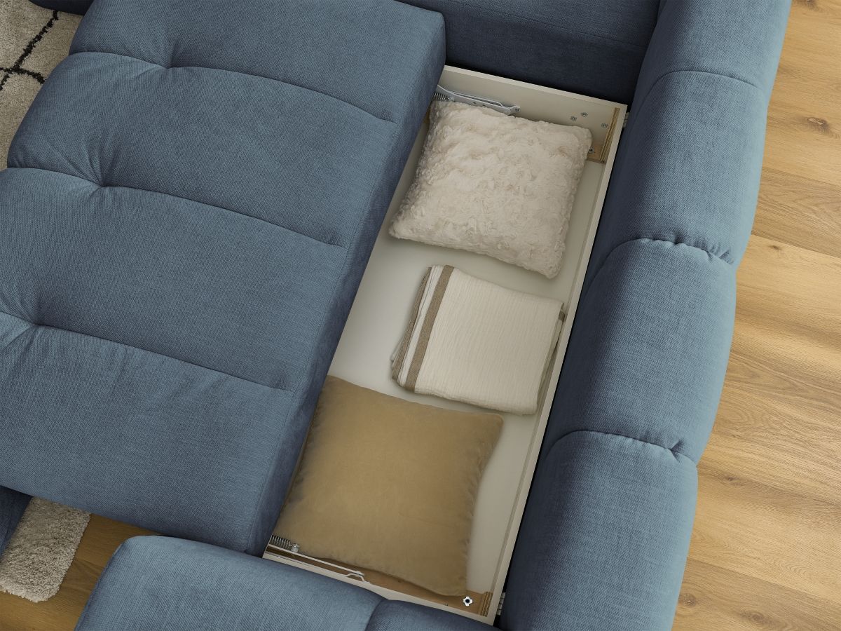 Canapé d'angle L convertible FUJI tissu lisse avec pouf
