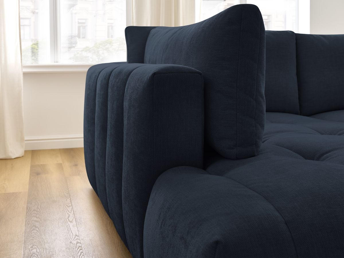 Canapé d'angle L convertible FUJI tissu lisse avec pouf