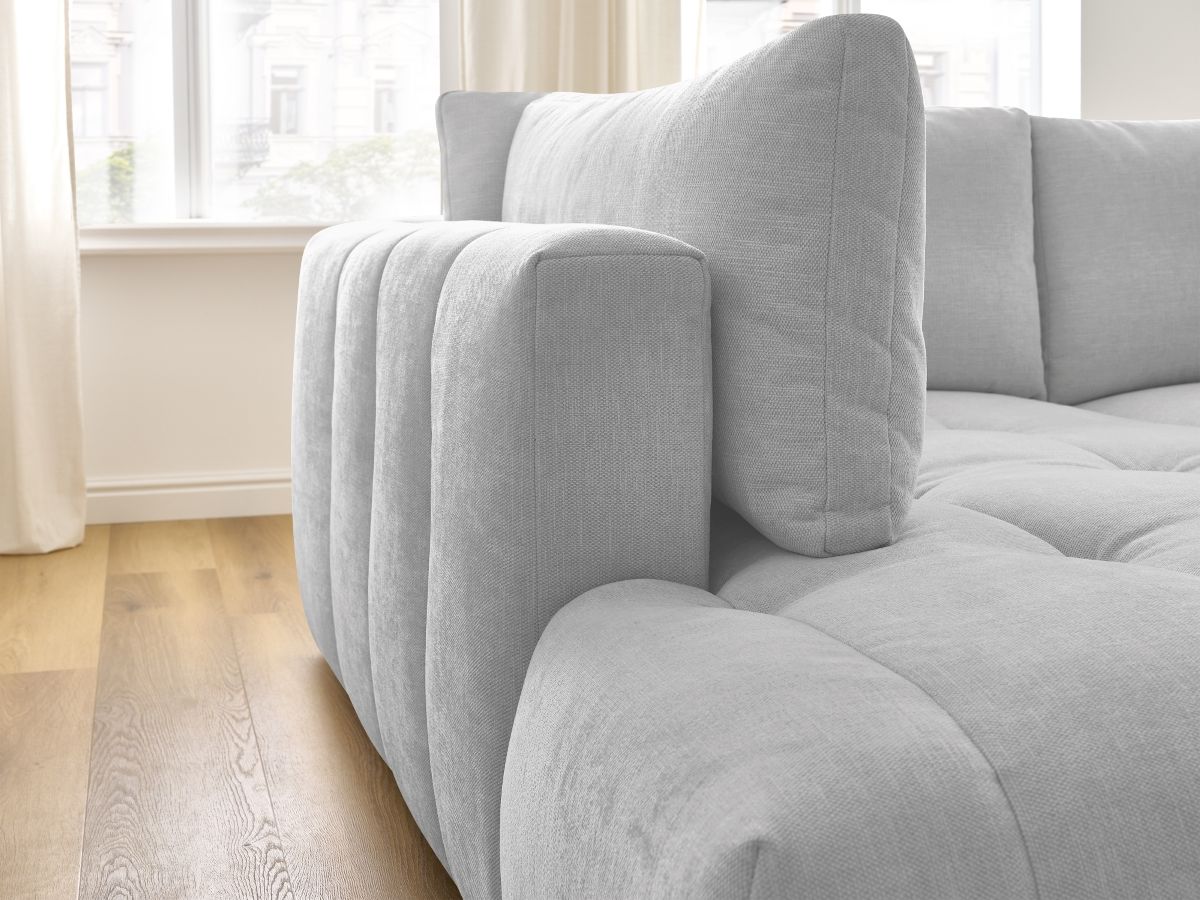 Canapé d'angle L convertible FUJI tissu lisse avec pouf