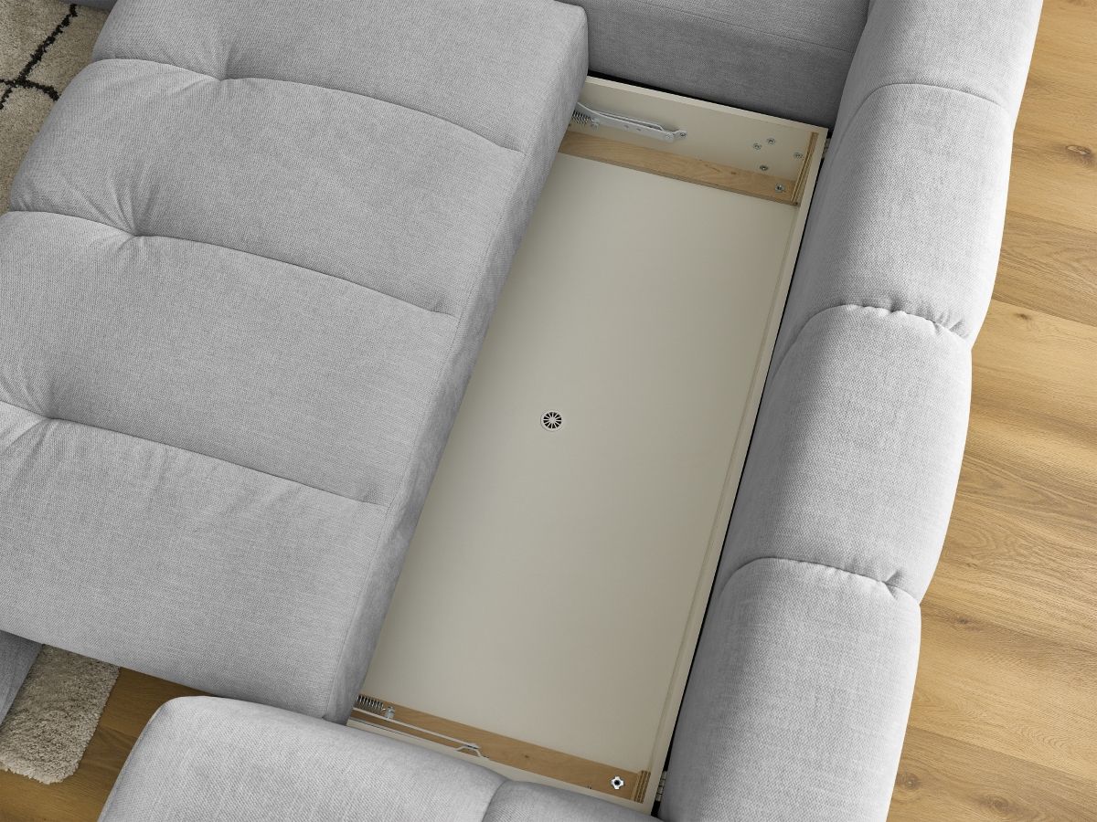 Canapé d'angle L convertible FUJI tissu lisse avec pouf