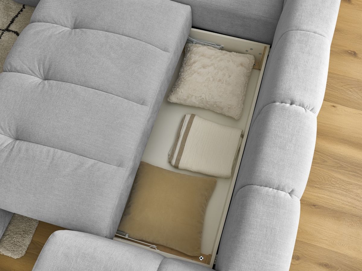 Canapé d'angle L convertible FUJI tissu lisse avec pouf