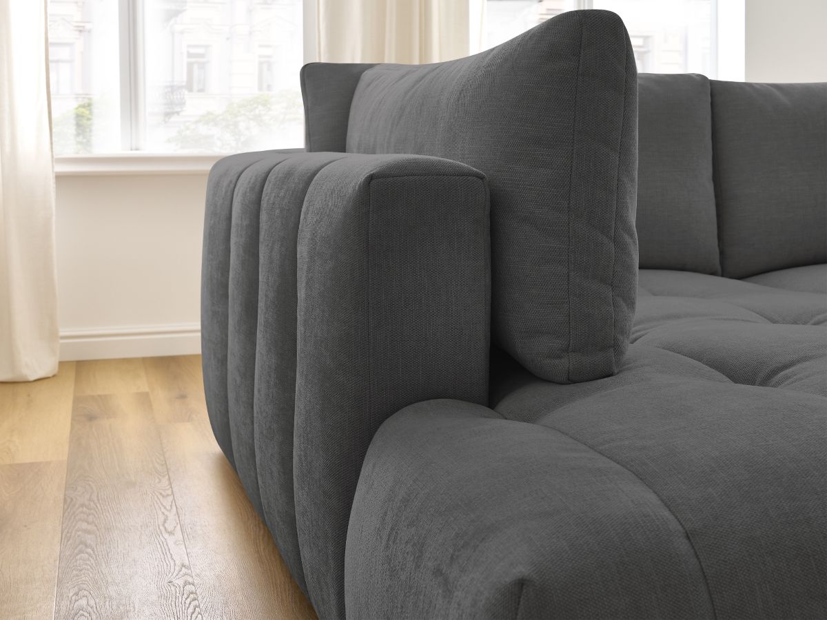 Canapé d'angle L convertible FUJI tissu lisse avec pouf