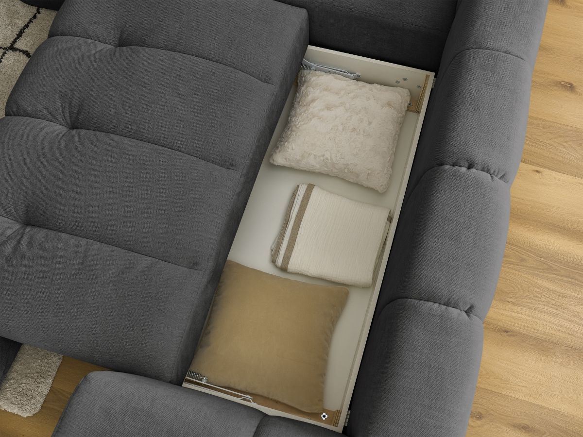 Canapé d'angle L convertible FUJI tissu lisse avec pouf