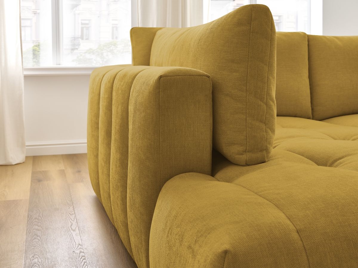 Canapé d'angle L convertible FUJI tissu lisse avec pouf