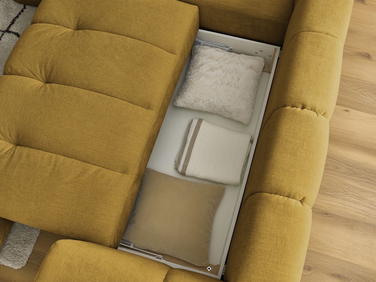 Canapé d'angle L convertible FUJI tissu lisse avec pouf