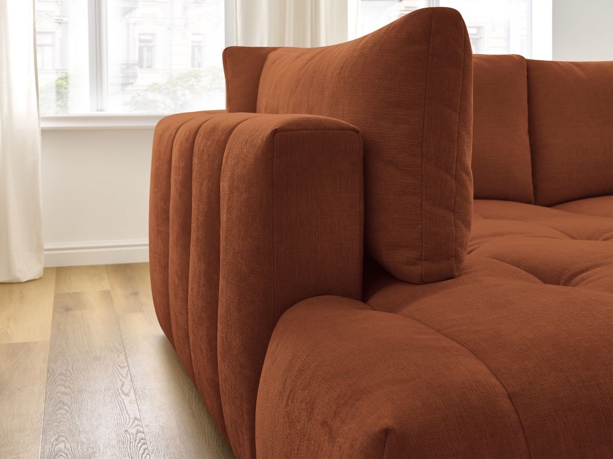 Canapé d'angle L convertible FUJI tissu lisse avec pouf