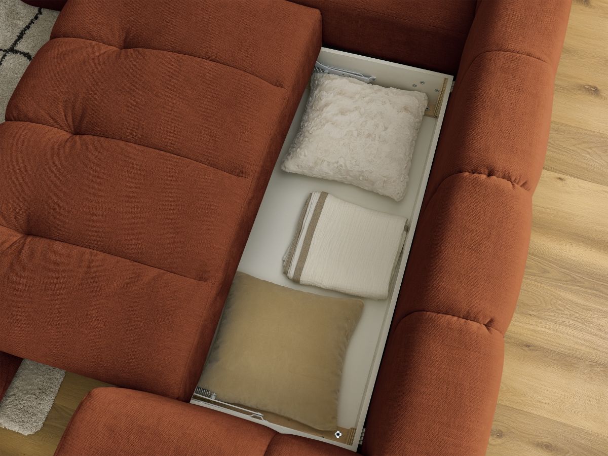 Canapé d'angle L convertible FUJI tissu lisse avec pouf