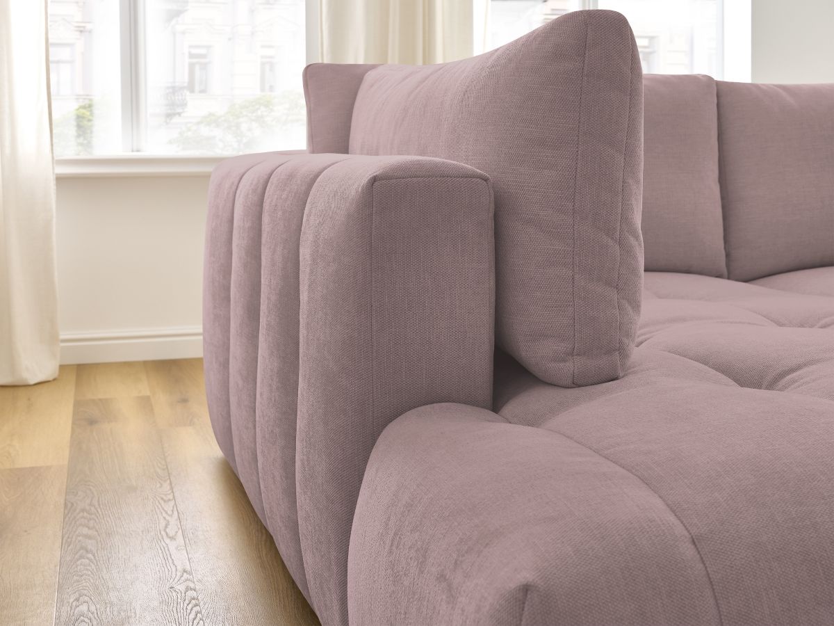 Canapé d'angle L convertible FUJI tissu lisse avec pouf