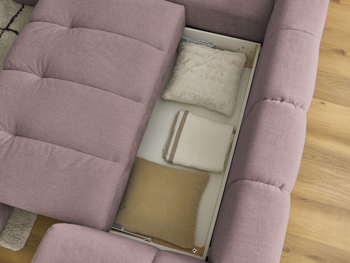 Canapé d'angle L convertible FUJI tissu lisse avec pouf