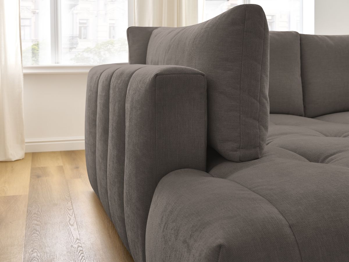 Canapé d'angle L convertible FUJI tissu lisse avec pouf
