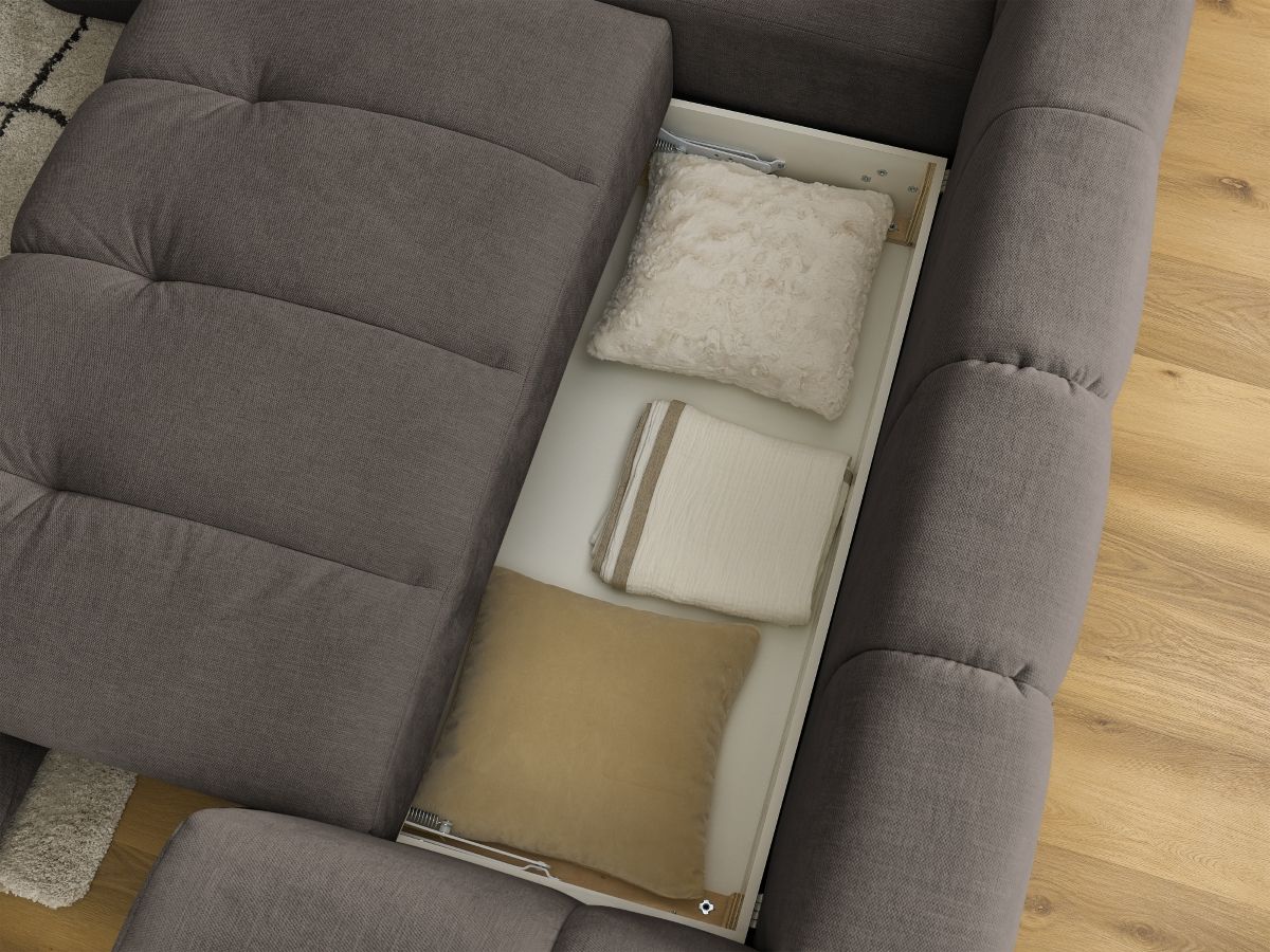 Canapé d'angle L convertible FUJI tissu lisse avec pouf