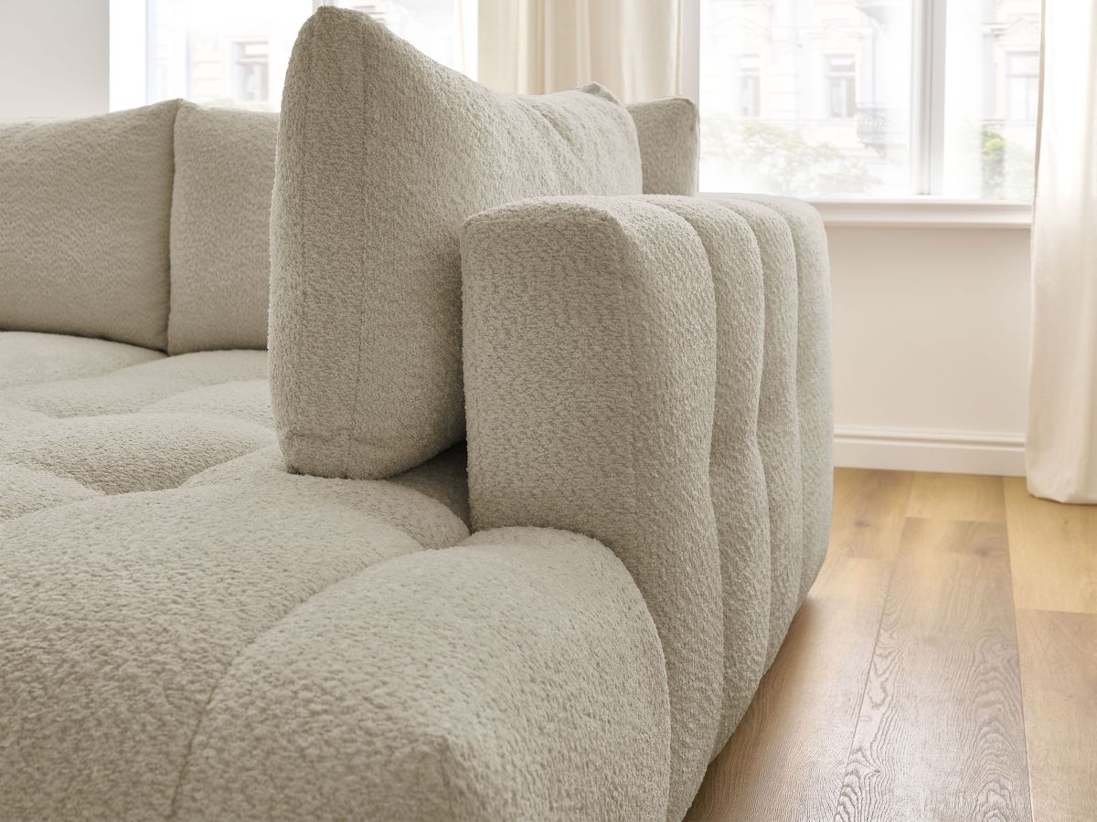 Canapé d'angle L convertible FUJI tissu bouclette avec pouf
