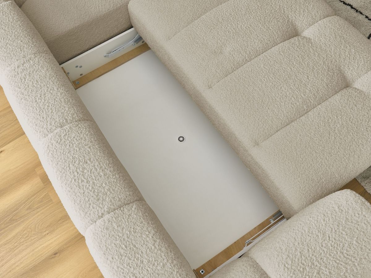 Canapé d'angle L convertible FUJI tissu bouclette avec pouf