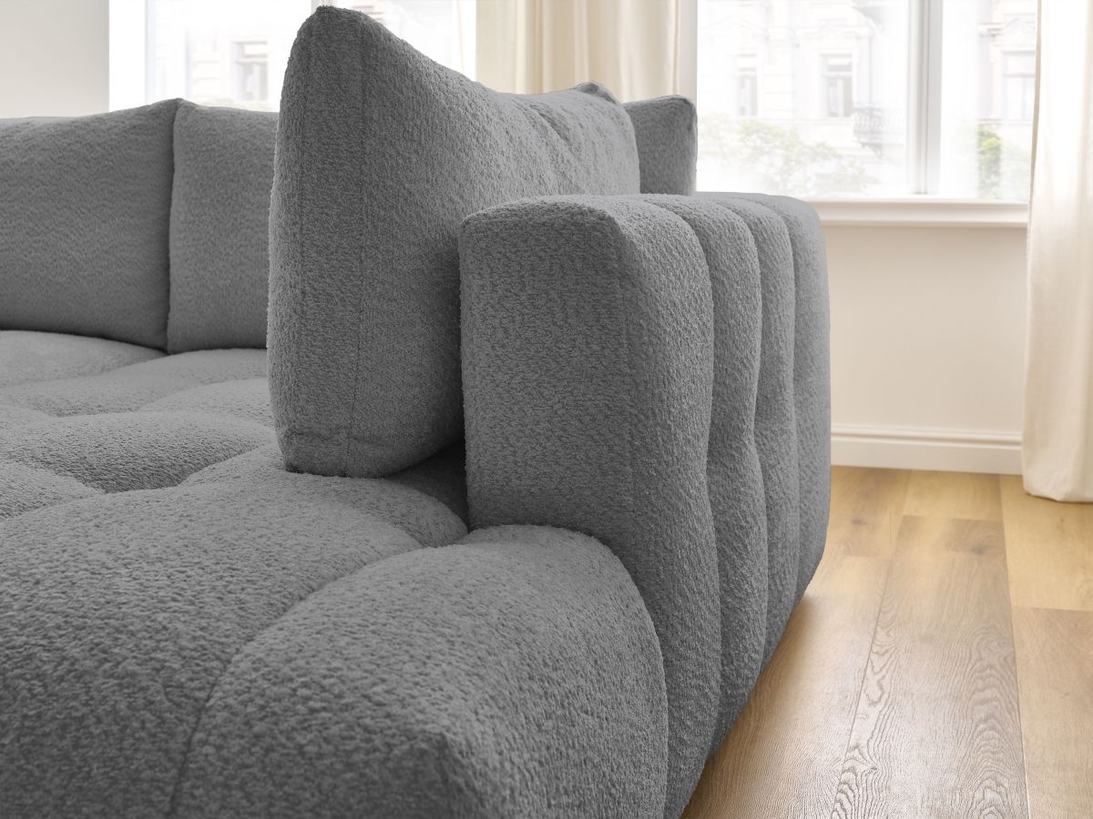 Canapé d'angle L convertible FUJI tissu bouclette avec pouf