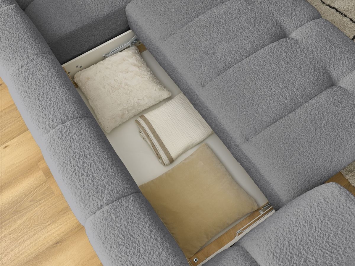 Canapé d'angle L convertible FUJI tissu bouclette avec pouf