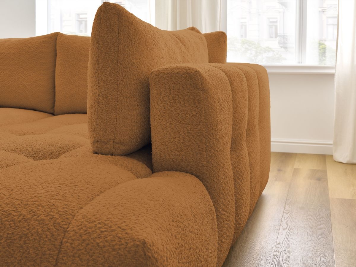 Canapé d'angle L convertible FUJI tissu bouclette avec pouf