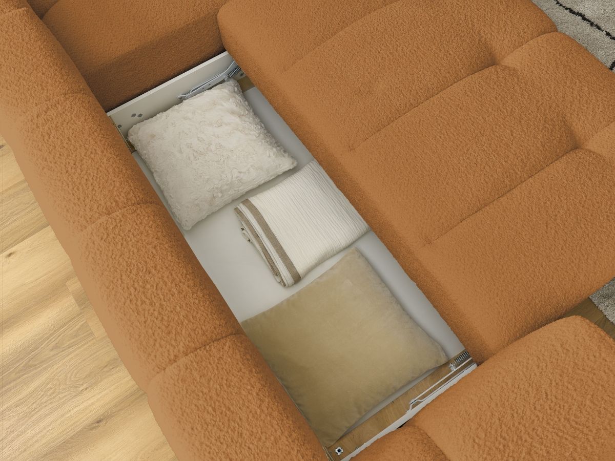 Canapé d'angle L convertible FUJI tissu bouclette avec pouf