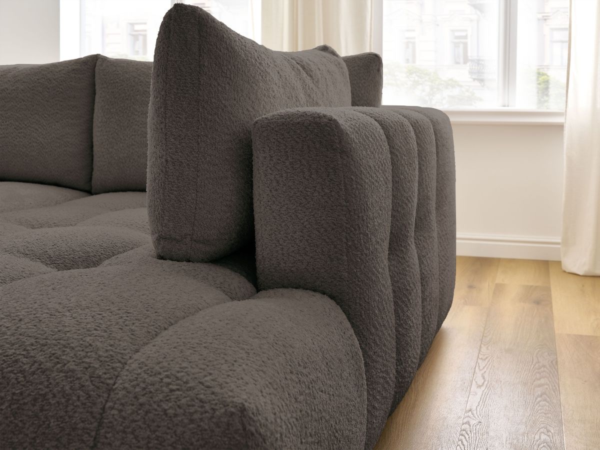 Canapé d'angle L convertible FUJI tissu bouclette avec pouf