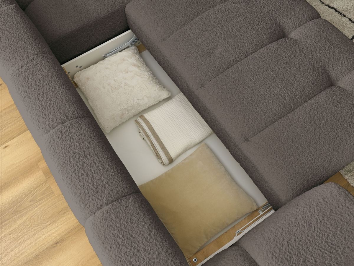 Canapé d'angle L convertible FUJI tissu bouclette avec pouf