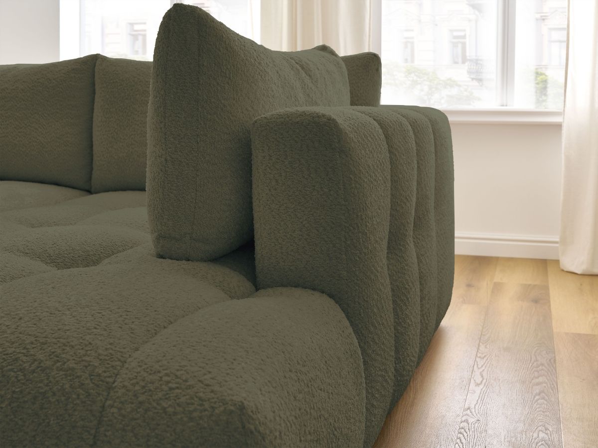 Canapé d'angle L convertible FUJI tissu bouclette avec pouf