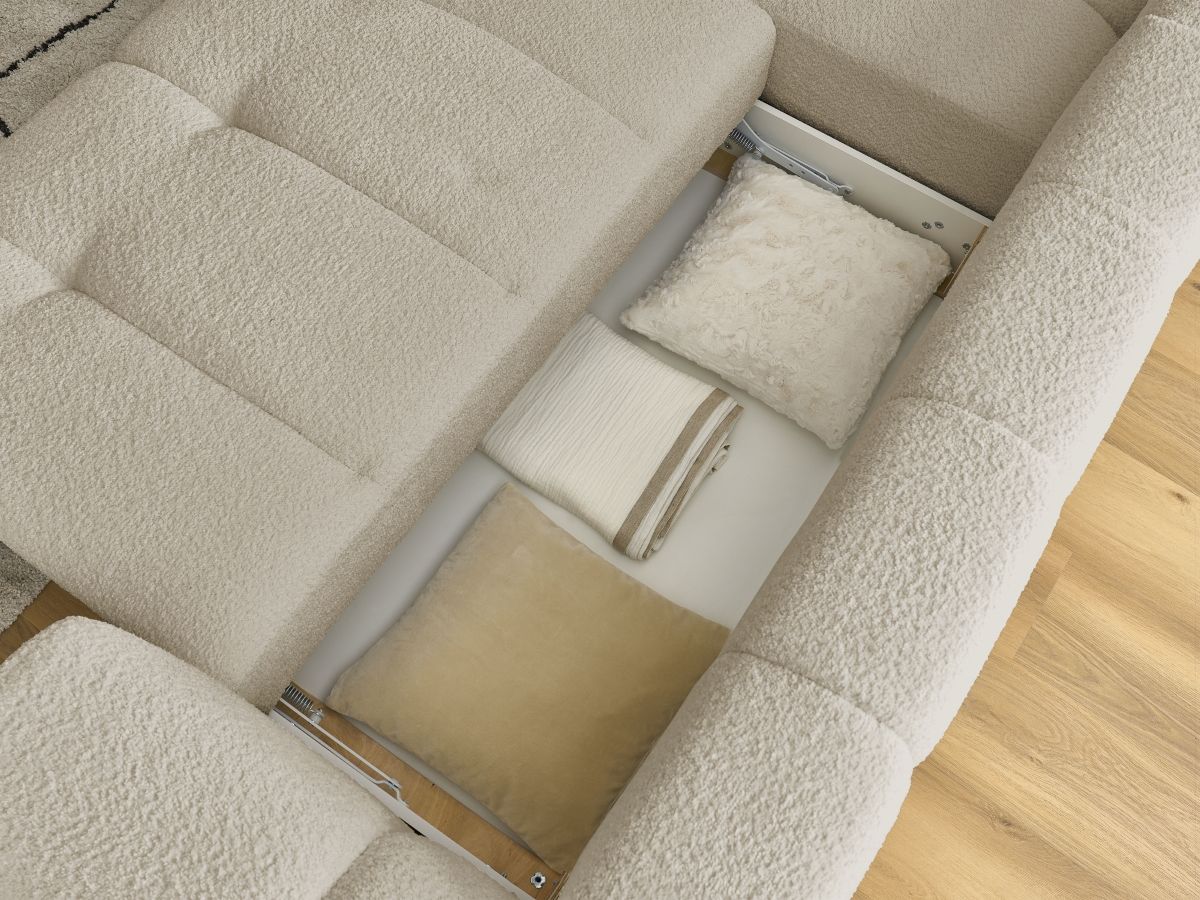 Canapé d'angle L convertible FUJI tissu bouclette avec pouf