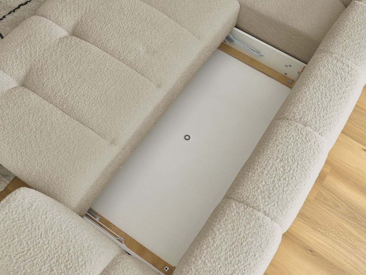 Canapé d'angle L convertible FUJI tissu bouclette avec pouf