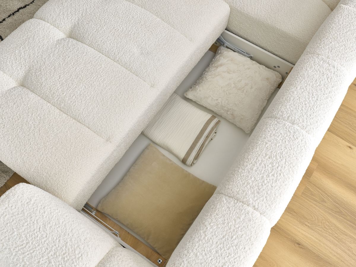 Canapé d'angle L convertible FUJI tissu bouclette avec pouf